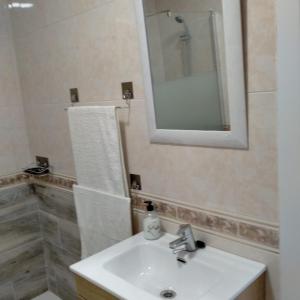 a bathroom with a sink and a mirror and a shower at Vivienda uso turistico Los Nogales in Foz +49 photos