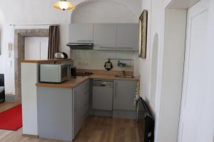 a small kitchen with white cabinets and a microwave at Pfarrhaus Maxen in Müglitztal