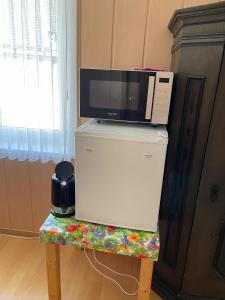 eine Mikrowelle auf einem Kühlschrank in der Unterkunft Silvia's Bed und Breakfast in Luzern in Luzern