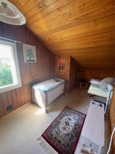una camera con vasca e finestra in una cabina di Silvia's Bed und Breakfast in Luzern a Lucerna