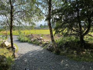 Craigshannoch Luxury 1 bed woodland lodge hot tub في Kintore: مسار حصى فيه اشجار وصخور في حقل