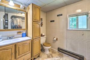a bathroom with a toilet and a sink and a window at Secluded and Quiet Pocono Mountain Cabin with Hot Tub! in Kunkletown +25 photos