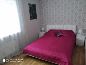 1 dormitorio con 1 cama con manta rosa en Аппартаменты в центре Олайне для комфорта. en Olayne