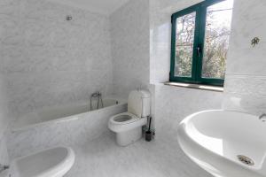 a white bathroom with a toilet and a sink at Casa das Regueiras in Santiago de Compostela