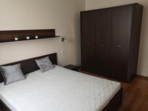 1 dormitorio con 1 cama y armario negro en Apartament Marzenie 11 - Opole, en Opole