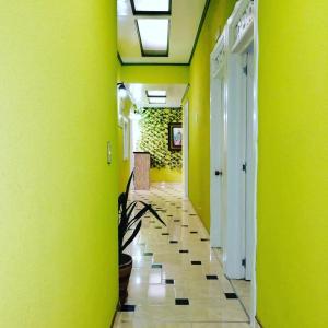 un pasillo con paredes amarillas y un pasillo con una planta en Aparta-Hotel El Dorado en Aguadas