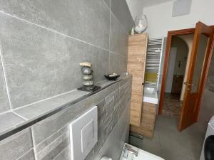 baño con una pared de azulejos grises en Casa Saluzzo, en Turín