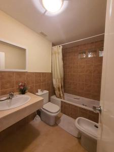 uma casa de banho com um lavatório, um WC e um chuveiro em Luxyry apartament Benidorm em Finestrat
