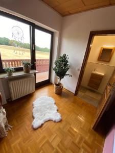 sala de estar con alfombra blanca en el suelo en Idyllisches Ferienhaus “Werra Ausblick” am Meißner, en Hitzerode