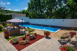 einen Hinterhof mit einem Pool und einer Terrasse mit Pflanzen in der Unterkunft Lux villa “Danube palm” with outdoor pool in Novi Sad