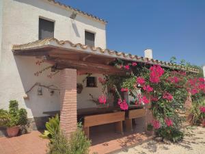 uma pérgola com flores e um banco em frente a uma casa em Casa Rue em Deltebre