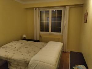 a bedroom with a bed in front of a window at Chambres dans maison proches Nantes et Vallet in Le Landreau