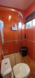 a red bathroom with a toilet and a shower at Apartamento rural in Alcántara