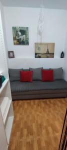 un sofá con 2 almohadas rojas en una habitación en Apartamento rural, en Alcántara