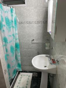 a bathroom with a sink and a shower curtain at CASA DEL NARANJO in Rosario +37 photos