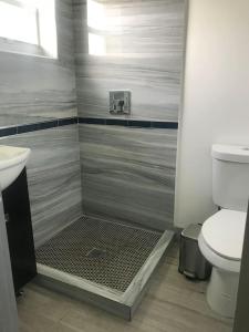 a bathroom with a shower with a sink and a toilet at Bekahouse Hostel with parking, backyard and laundry in Miami