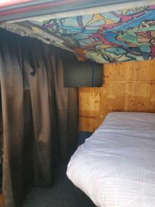 a bedroom with a bed with a painting on the ceiling at VW Campervan in Pembrokeshire
