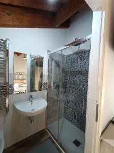 y baño con lavabo y ducha. en Agriturismo Dolci Ricordi, en Corleto Monforte