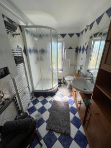 普圖伊的住宿－Apartment Sawetz - Ptuj，带淋浴和盥洗盆的小浴室