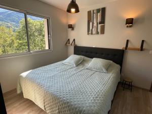 ein Schlafzimmer mit einem Bett mit einem großen Fenster in der Unterkunft Clos du chapitre T2 - 2pers in Brides-les-Bains