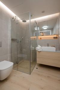 a bathroom with a shower and a toilet and a sink at Pinea617 Seaview in Pobierowo