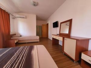 a bedroom with a bed and a desk and a mirror at Apartment N.1 in Nov Dojran