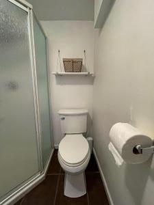 a small bathroom with a toilet and a shower at Wrigley Garden Unit in Chicago