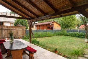 a patio with a table and a yard with a barn at Generous family home in Vişeu de Sus
