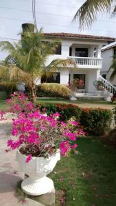 a white flower pot with pink flowers in front of a house at Mi Paraíso de Playa Blanca in San Antero