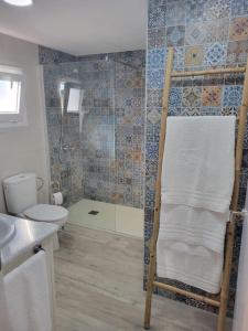 a bathroom with a toilet and a shower with towels at Casa Nordica cerca del mar in El Palmar +24 photos