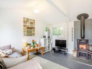 a living room with a couch and a fireplace at The Shepherd's Hut in Aberdyfi