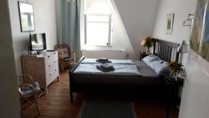 a bedroom with a bed and a dresser and a window at Haus am Seerhein in Konstanz