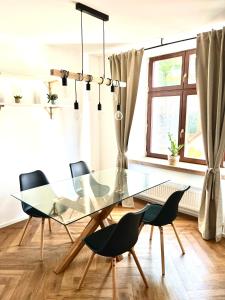 uma sala de jantar com uma mesa de vidro e cadeiras em Apartmán Elen em Nové Město nad Metují
