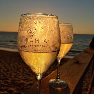 サンルーカル・デ・バラメダにあるPRECIOSO LOFT en PALACIO DE GODOYのビーチのテーブルに座ったワイン2杯