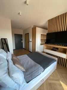 um quarto com uma cama e uma televisão de ecrã plano em Apartament Nowe Zatorze 92 em Olsztyn