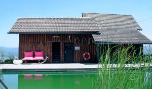 une maison avec deux oreillers roses assis à côté d'une piscine dans l'établissement Art-Lodge Kunstpension, à Afritz am See