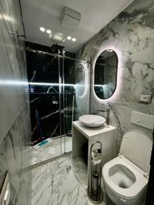 ein Bad mit einem WC, einem Waschbecken und einer Dusche in der Unterkunft Deluxe apartment bllok in Tirana