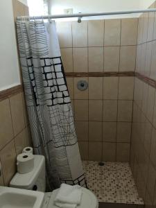 a bathroom with a shower curtain and a toilet at Palmira Hostel in Tegucigalpa
