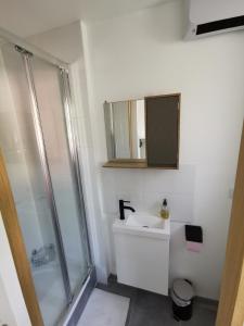 uma casa de banho branca com um lavatório e um chuveiro em LA PAILLE - Superbe appartement Wifi Netflix et parking gratuit em Montpellier