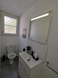 uma casa de banho com um WC, um lavatório e um espelho. em LA PAILLE - Superbe appartement Wifi Netflix et parking gratuit em Montpellier