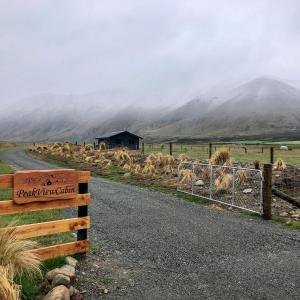 a fence on the side of a road with mountains at Peak View Cabin - Ben Ohau - Stylish Seclusion in Twizel