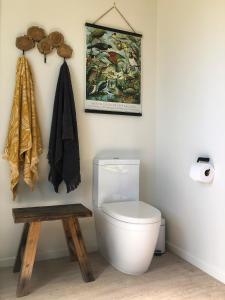 a bathroom with a toilet and a painting on the wall at Peak View Cabin - Ben Ohau - Stylish Seclusion in Twizel