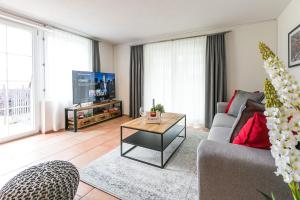 a living room with a couch and a tv at Spirit Apartments - Balkon mit Seesicht - Parkplatz in Brienz