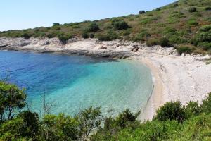 a beach on a hill next to the ocean at Secluded fisherman's cottage Cove Ripisce, Dugi otok - 394 in Brbinj