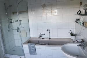 a bathroom with a shower and a sink and a tub at Deine-Eifel-Ferienwohnung in Feusdorf +63 photos