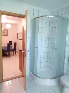 ギェネシュディアーシュにあるCastelinho Apartmanházのバスルーム(シャワー、トイレ付)