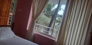 特里凡得琅的住宿－VARMA SEA VIEW VILLAS，一间卧室设有窗户,享有棕榈树的景色
