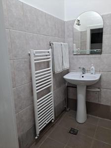 a bathroom with a sink and a mirror at APARTMENT POPS 2 in Cluj-Napoca