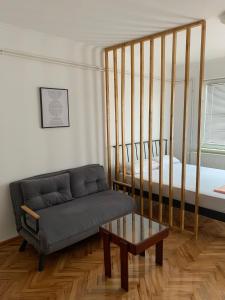 a living room with a couch and a bed at Comfy Studio - 1 minute walk to Delta Planet in Niš