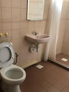 La salle de bains est pourvue de toilettes et d'un lavabo. dans l'établissement Seaside Glamping@Heritage Chalet, à Singapour